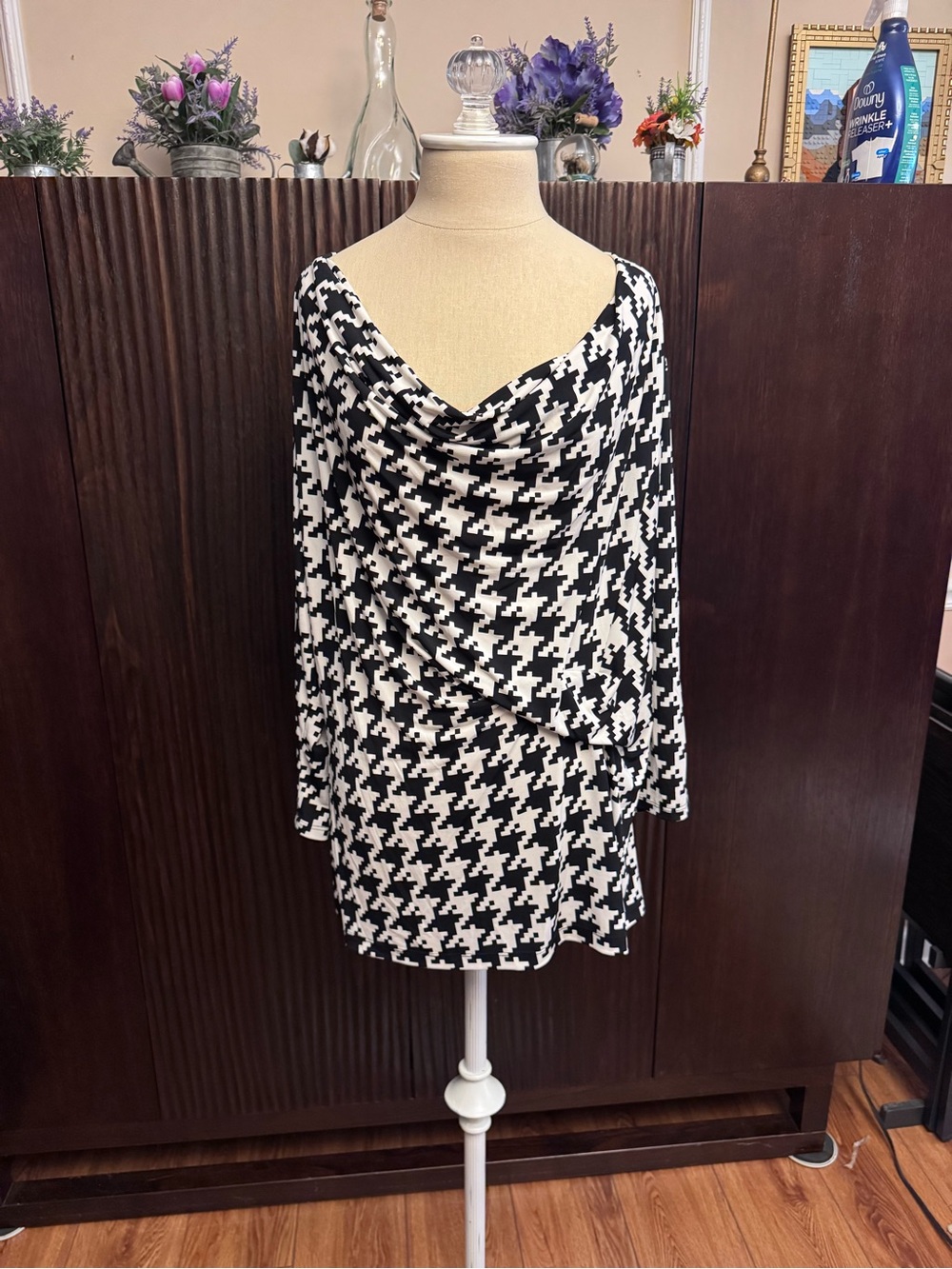Women's Black and White Houndstooth Cowl Neck Blouse